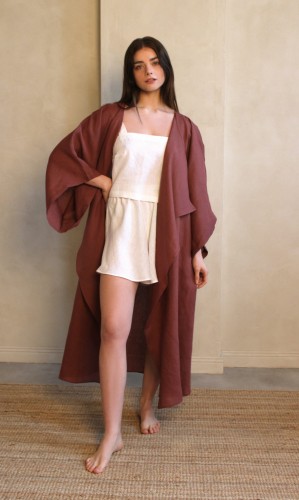 Lniane Kimono Długie Marsala