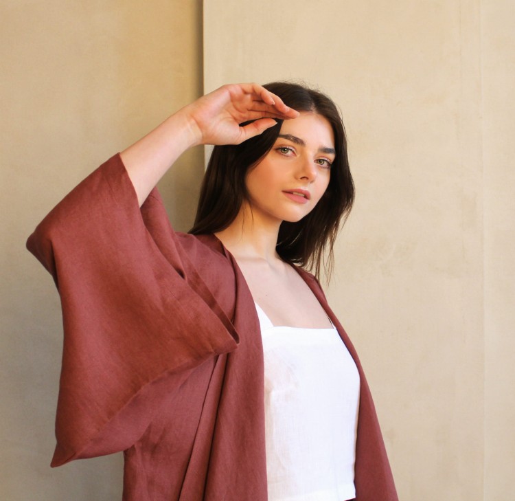 Lniane Kimono Długie Marsala