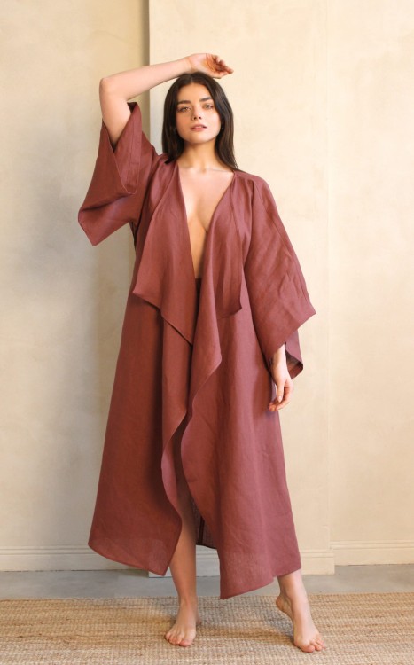 Lniane Kimono Długie Marsala