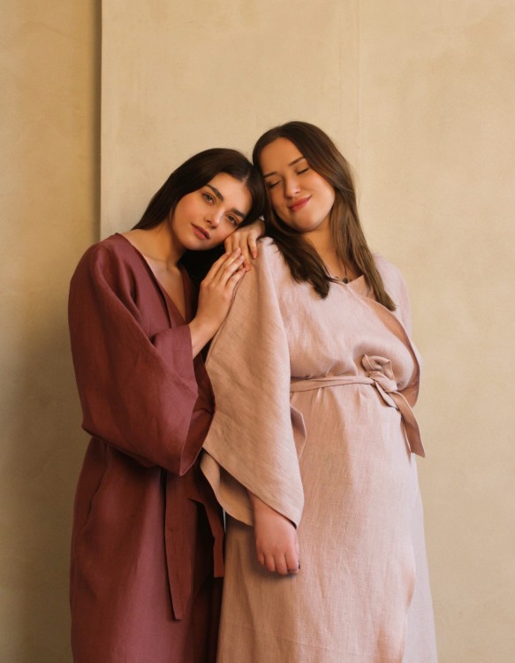 Lniane Kimono Długie Marsala i Różowe
