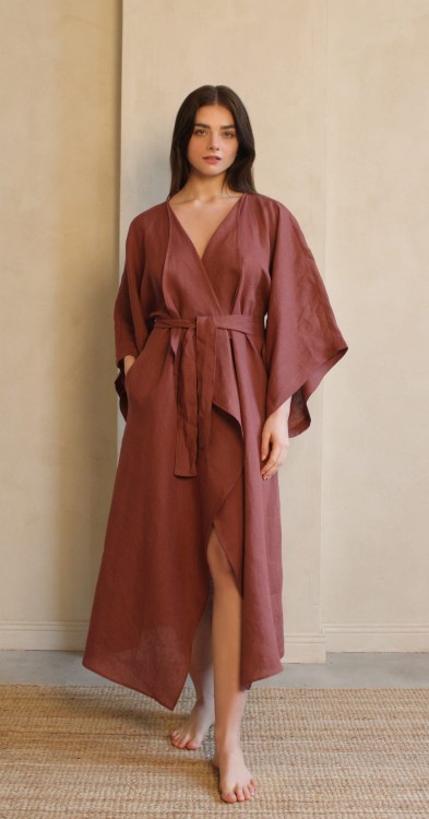 Lniane Kimono Długie Marsala
