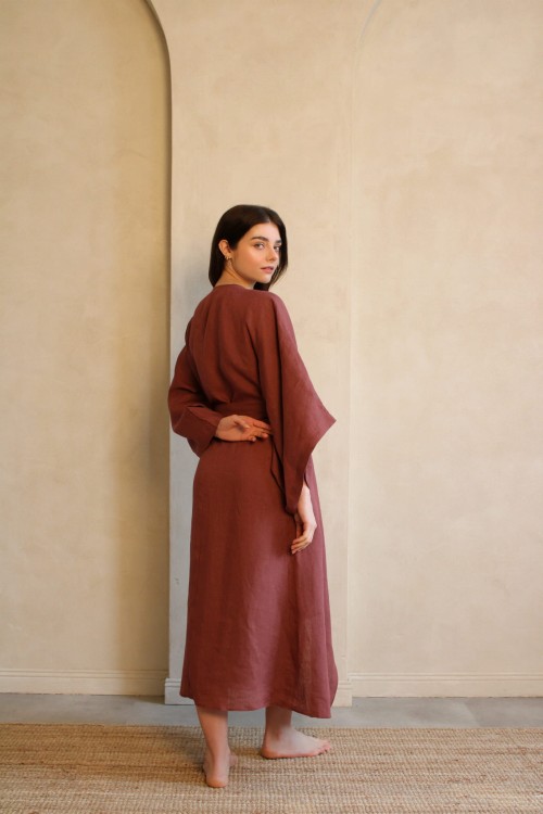 Lniane Kimono Długie Marsala