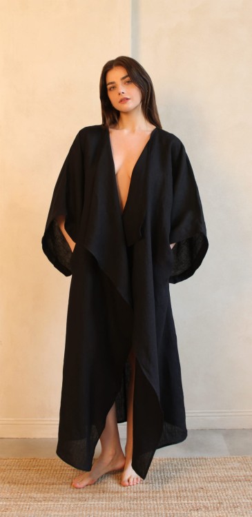 Lniane Kimono Długie Czarne