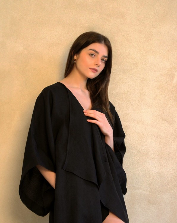 Lniane Kimono Długie Czarne