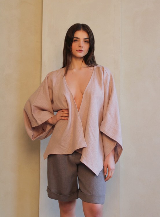 Różowe Lniane Kimono Krótkie
