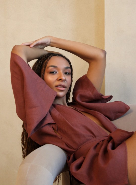 Lniane Kimono Krótkie Marsala