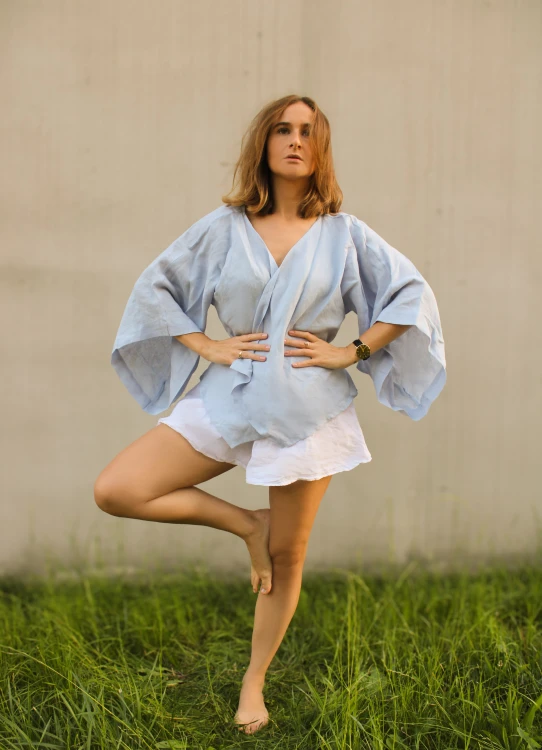 Lniane Kimono Krótkie Błękitne