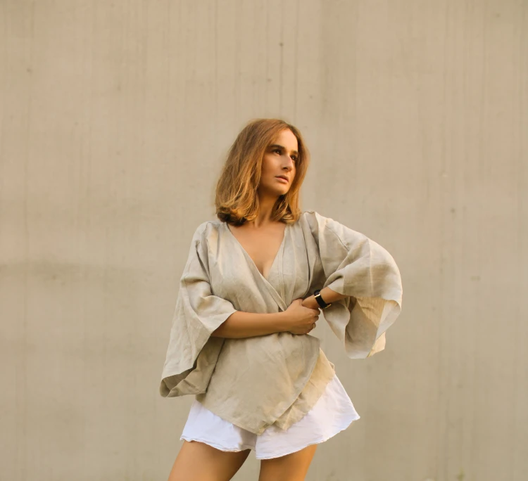 Lniane Kimono Krótkie Beżowe