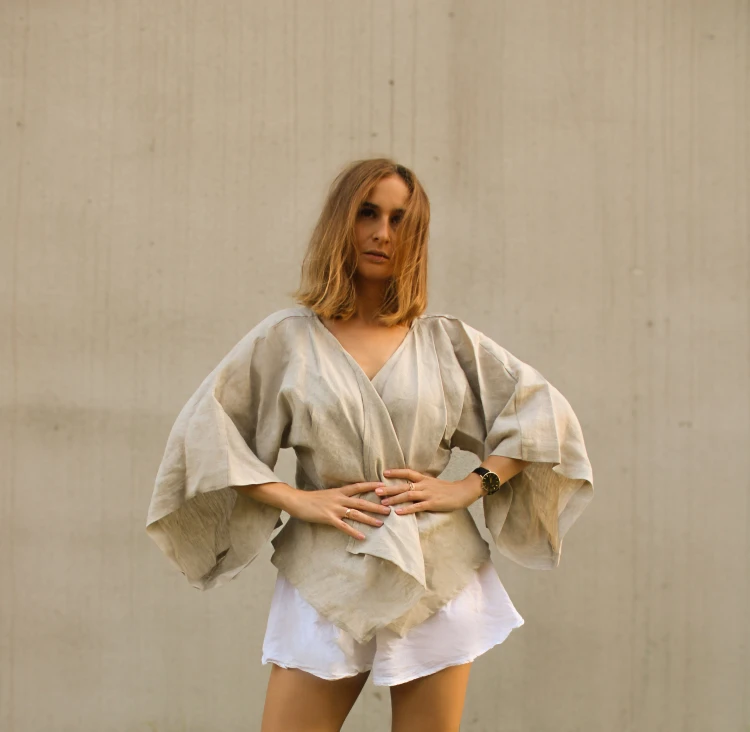 Lniane Kimono Krótkie Beżowe
